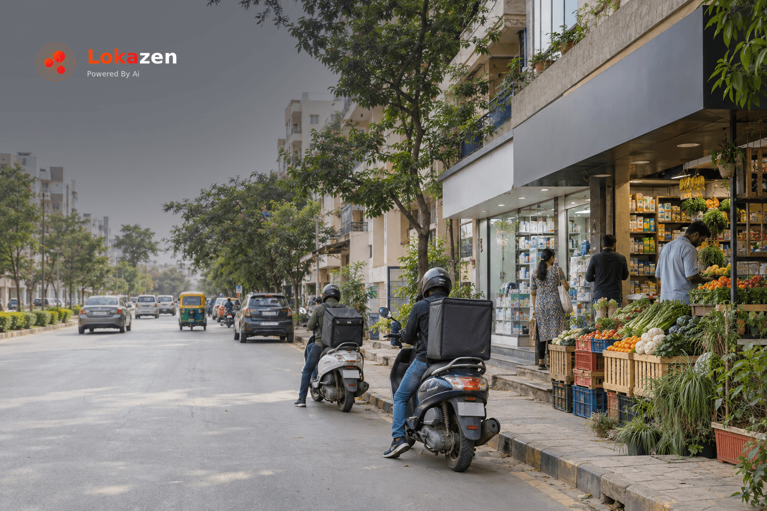 Bright overcast late morning on a residential shopping street in Bangalore, with a neighbourhood grocery store showing crates of fresh vegetables, a pharmacy next door and delivery riders parked on scooters at the kerb.