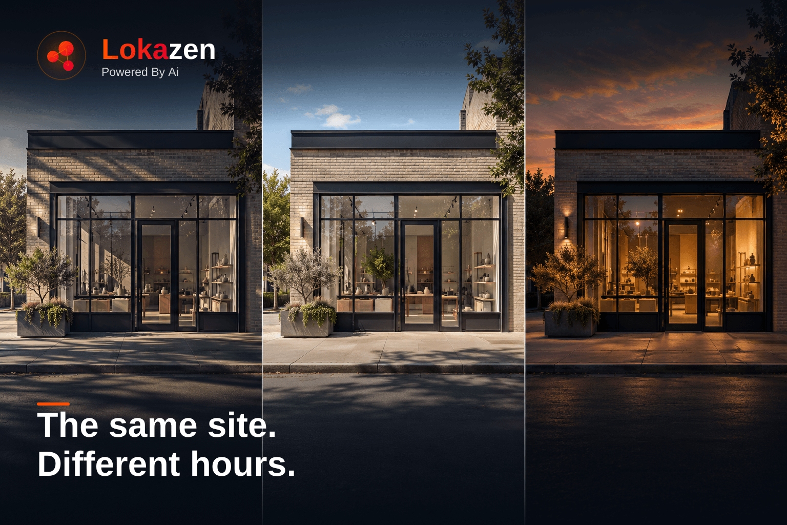 Illustrative cover: A conceptual triptych of the same storefront at morning, midday and evening.