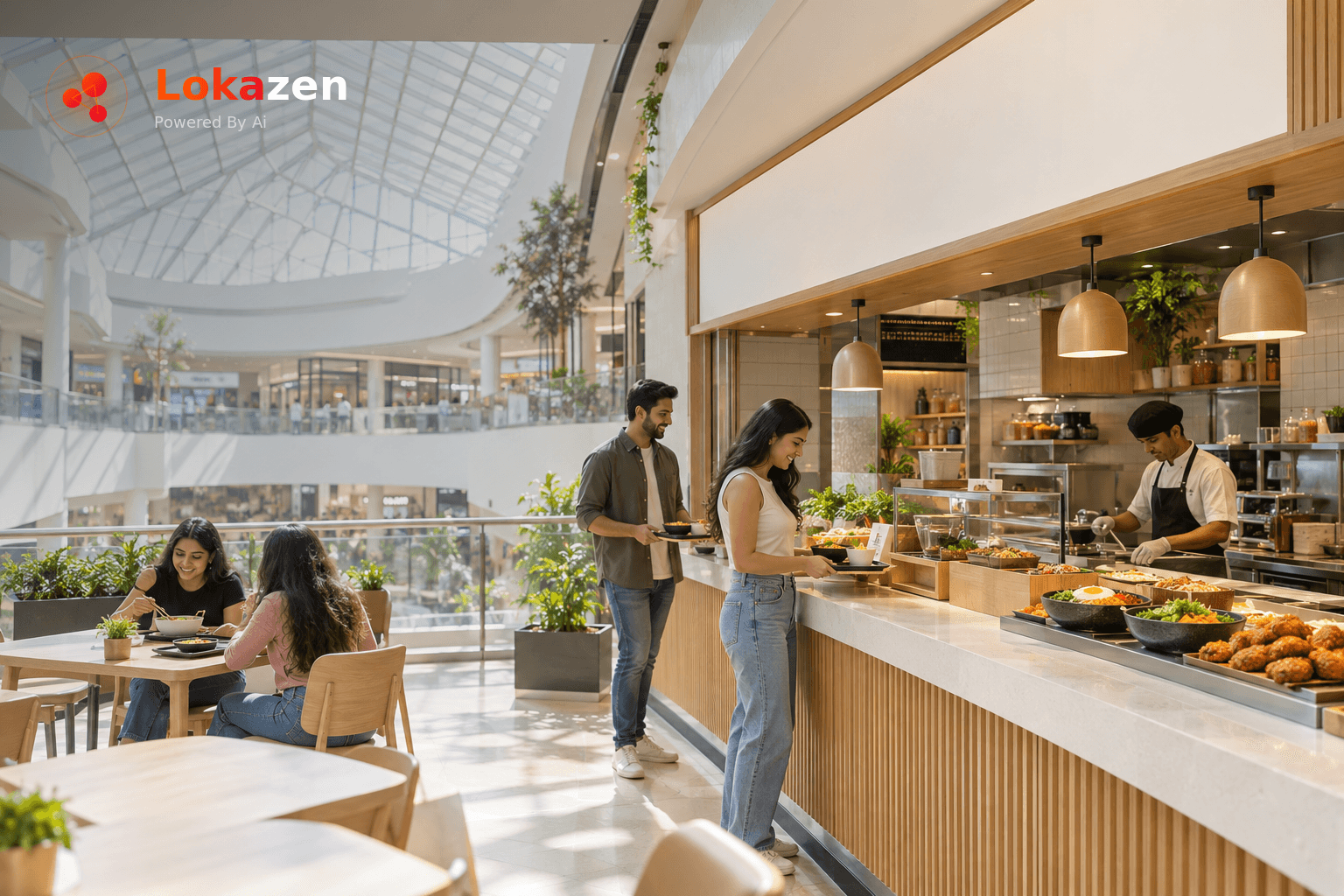 Sunlit upper-floor food court in a Bangalore mall under a glass skylight, with a modern Korean quick-service counter serving rice bowls, bibimbap and fried chicken as young diners collect trays and eat at wooden tables