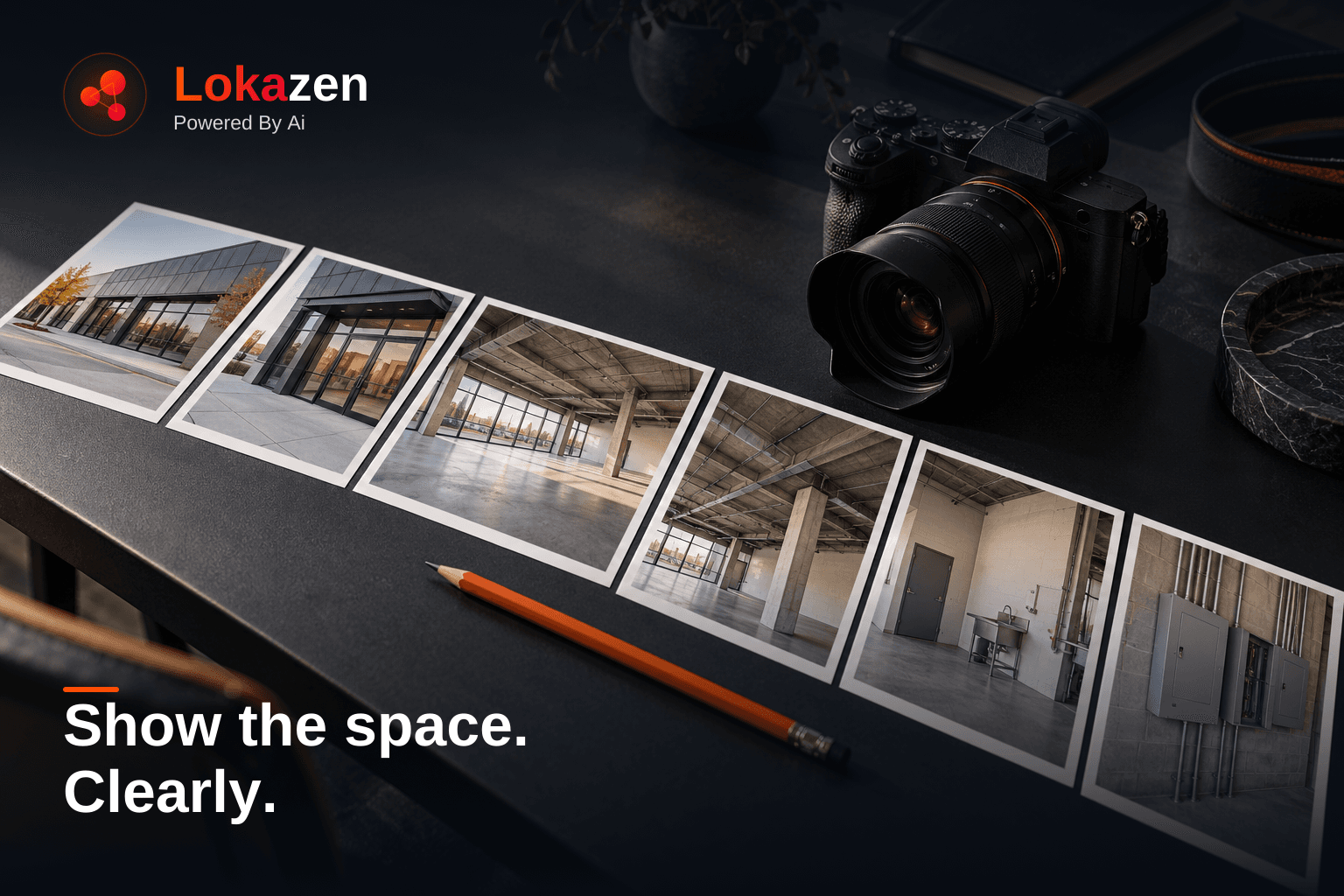 Illustrative cover: A camera and an ordered set of property photographs on an architectural desk.