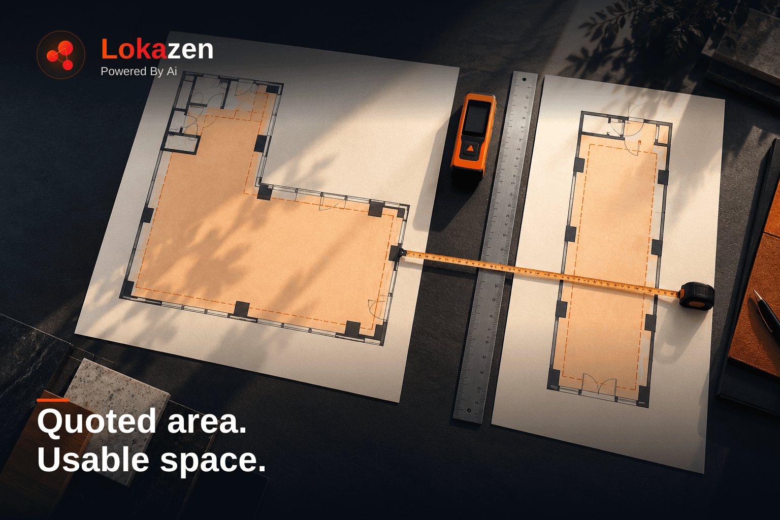 Illustrative cover: Two differently shaped retail floor plans with a measuring tool.