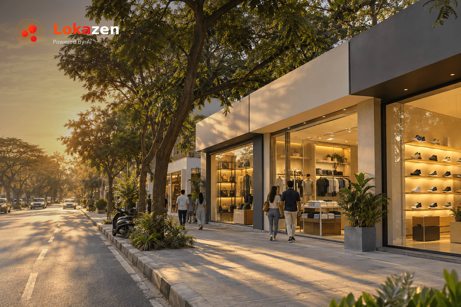Golden-hour Bangalore high street lined with rain trees, with a row of modern glass-front brand stores showing sneakers, folded clothing and bags as shoppers walk in past a parked scooter