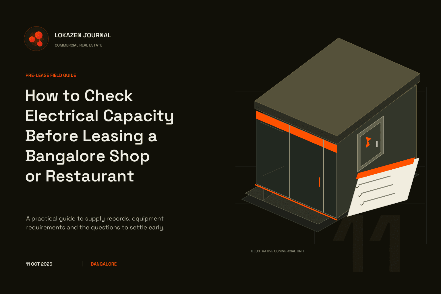 Illustrated commercial shop exterior with a closed electrical panel and checklist, accompanying a guide to electrical capacity before leasing in Bangalore.