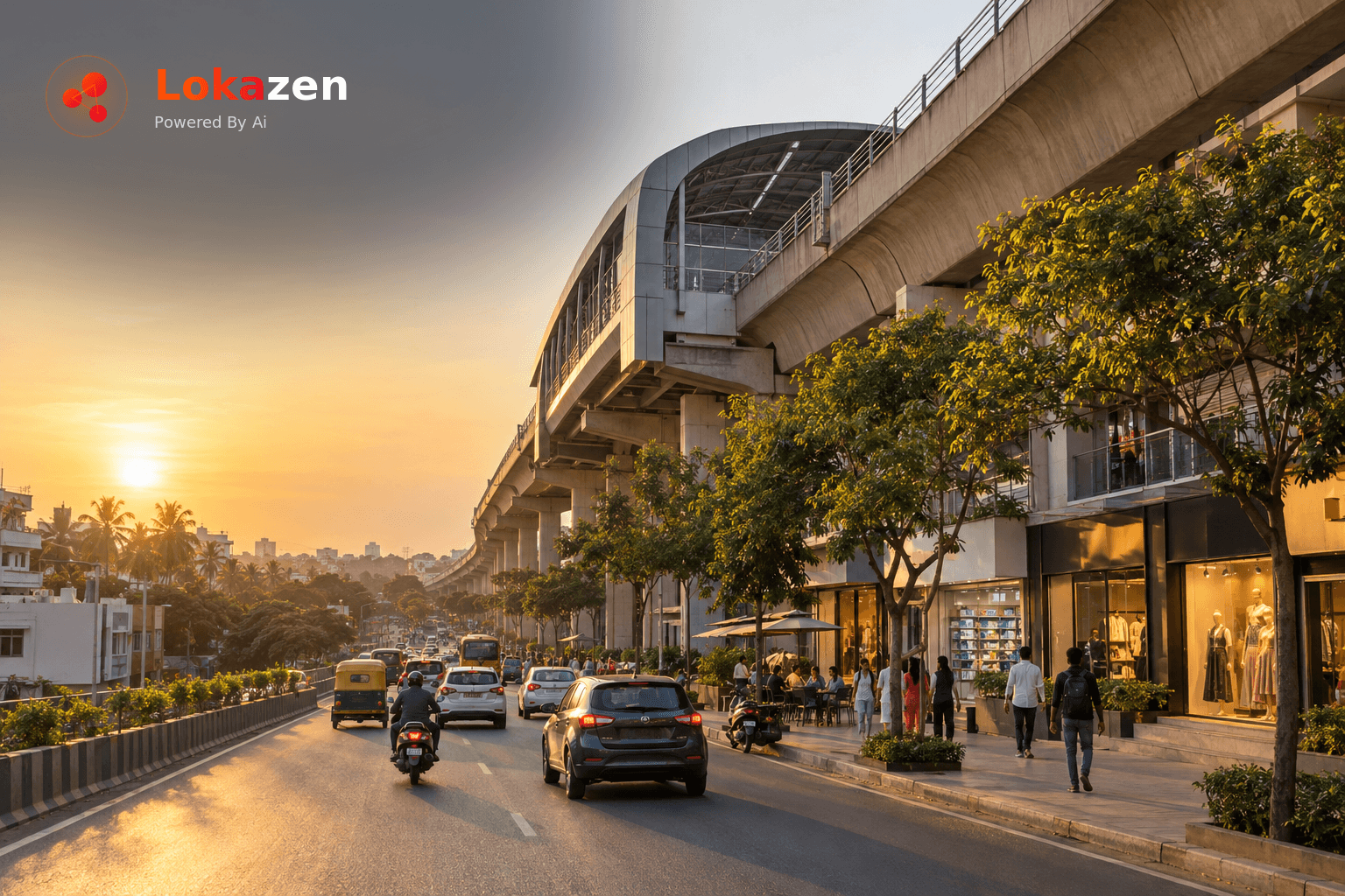 Golden-hour view of a new elevated metro viaduct and station above a busy south Bangalore road, with a cafe, pharmacy and boutique shopfronts below.