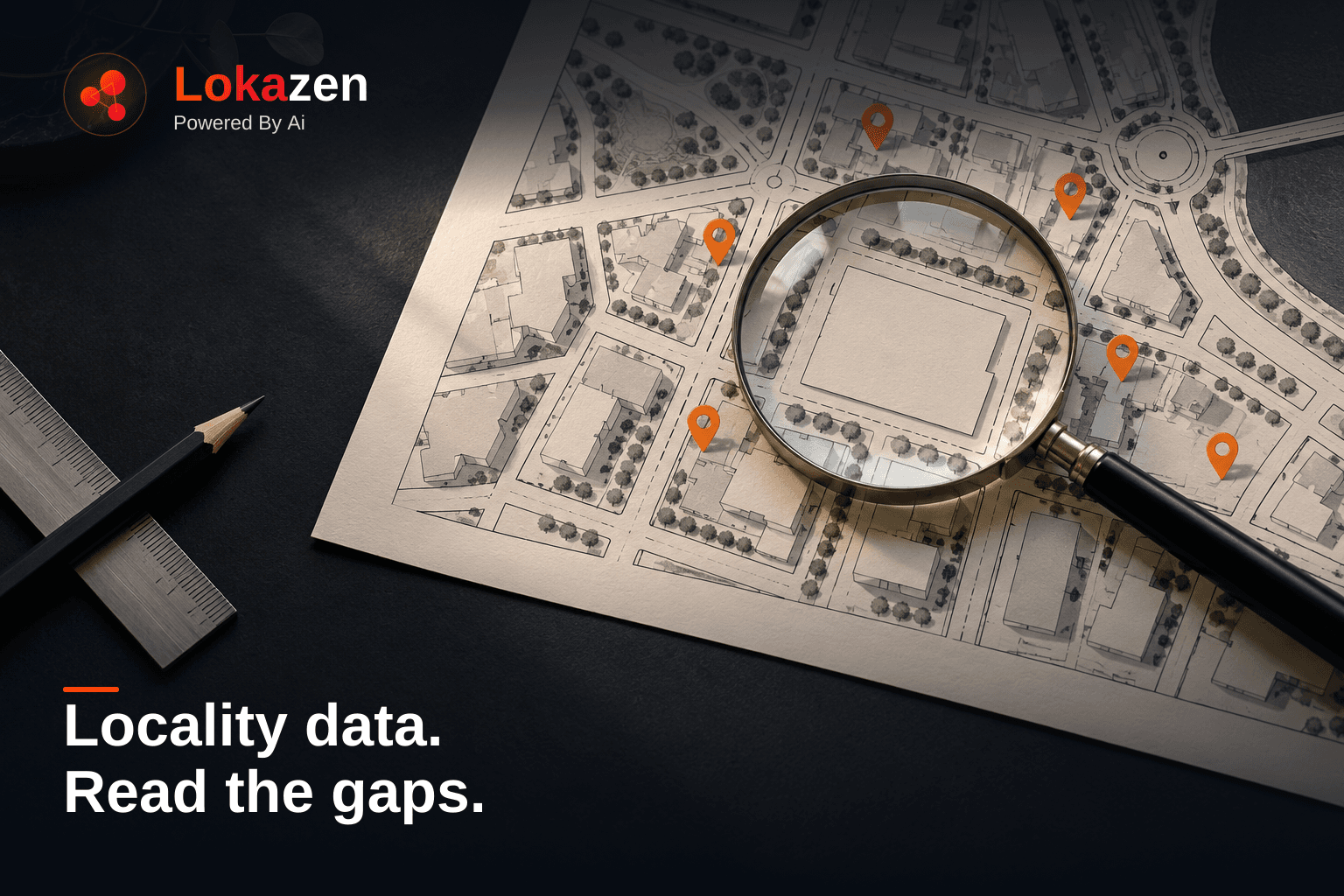 Illustrative cover: A magnifying glass over an intentionally blank block on a schematic locality plan.