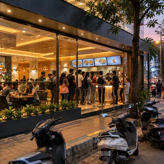 A busy food shop in the evening with a queue at the counter