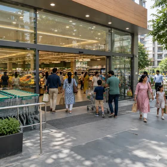 A big supermarket entrance with families walking in and out