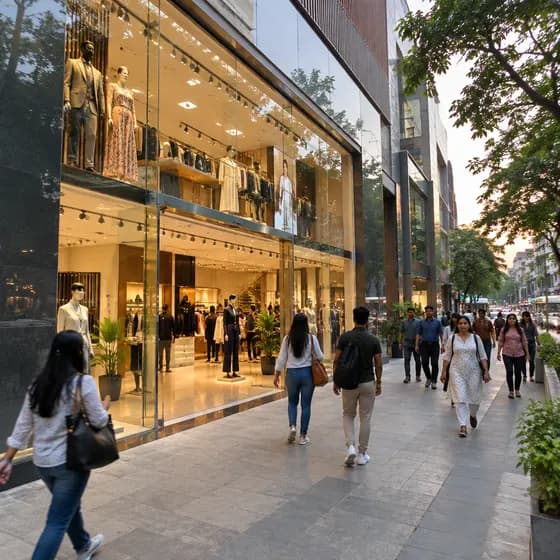 A big clothes showroom with glass front on a busy Bengaluru footpath