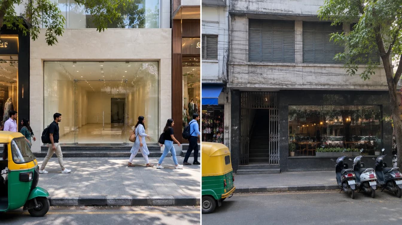 A premium empty ground-floor shop opening onto a busy footpath, next to an older building whose only empty unit is upstairs behind a gated staircase