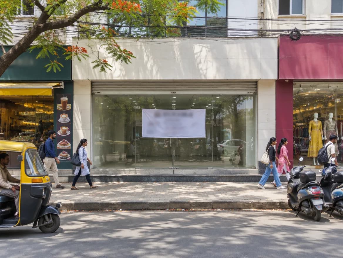 An empty ground-floor shop with a To Let banner across the glass, on a busy Bengaluru high street