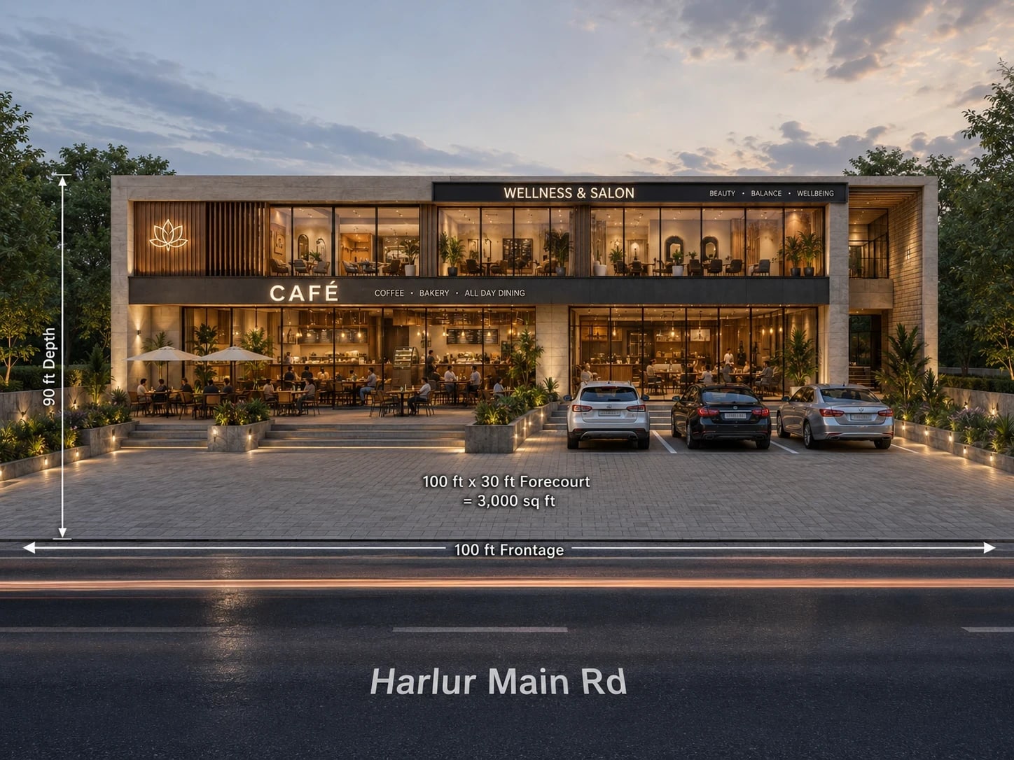 Concept street render — Harlur Main Road lifestyle block: café on the ground floor, wellness & salon above, forecourt with outdoor seating and parking